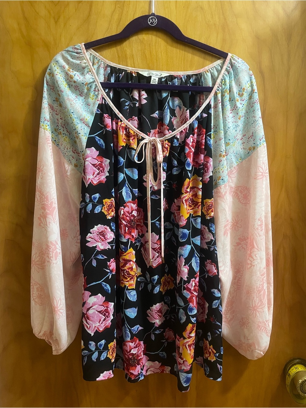 The Pioneer Woman Black Floral Peasant Blouse with Pink and Mint Accents